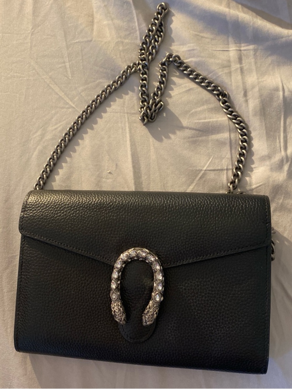 Gucci Black Leather Dionysus bag with silver chain strap
